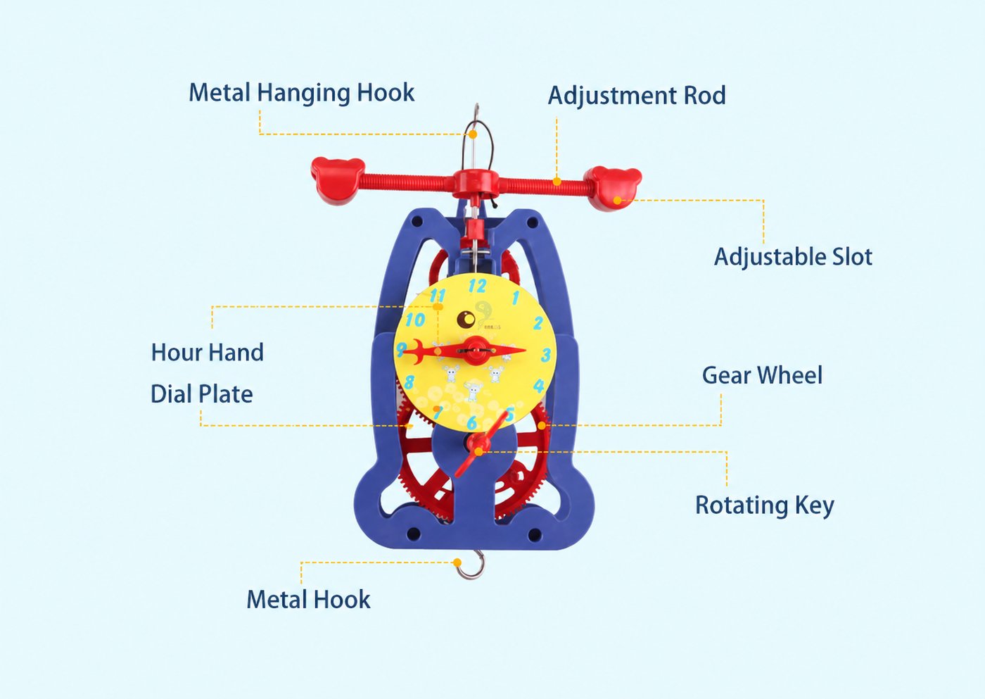 Assembled gravity-powered pendulum clock model with red gears and a yellow dial